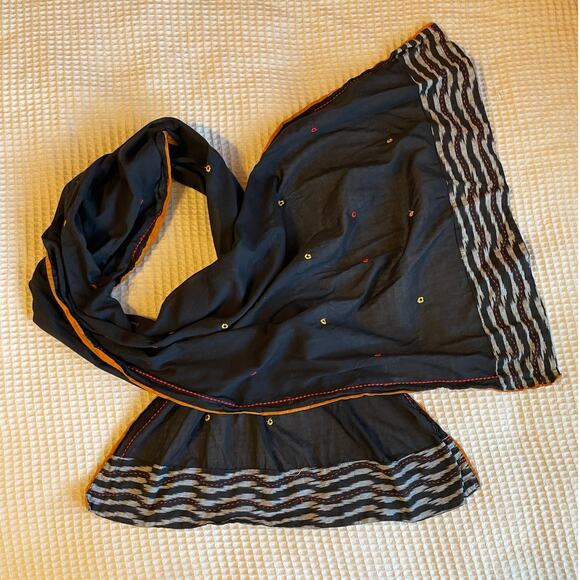 Boho Cottage Core Deep Black W/ Orange Detail Light Weight Shawl Scarf - Picture 4 of 9